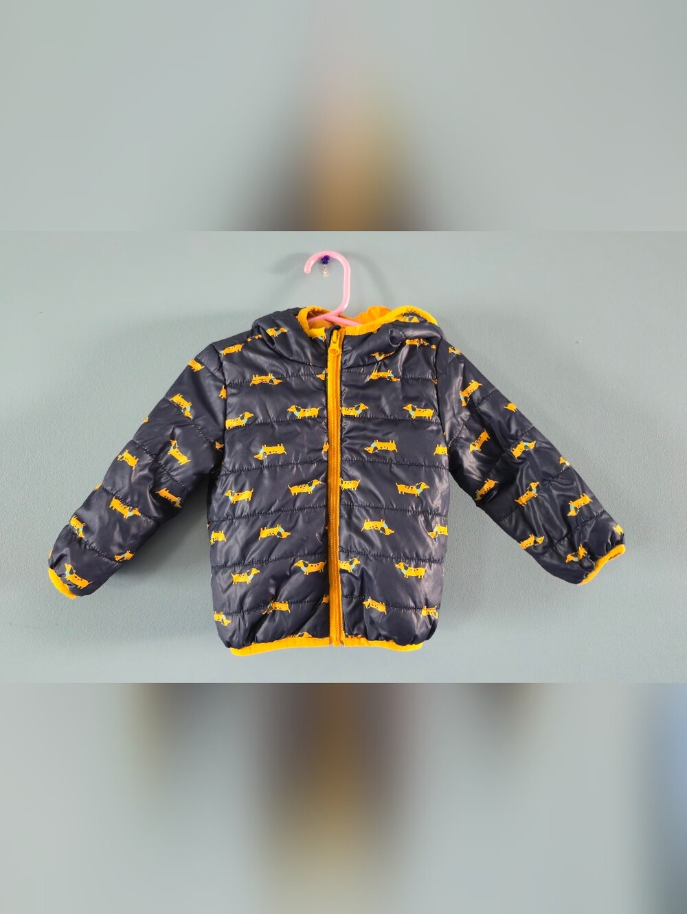 Baby Navy Puffer Jacket with Yellow Dachshund Dog Print (12-18m)